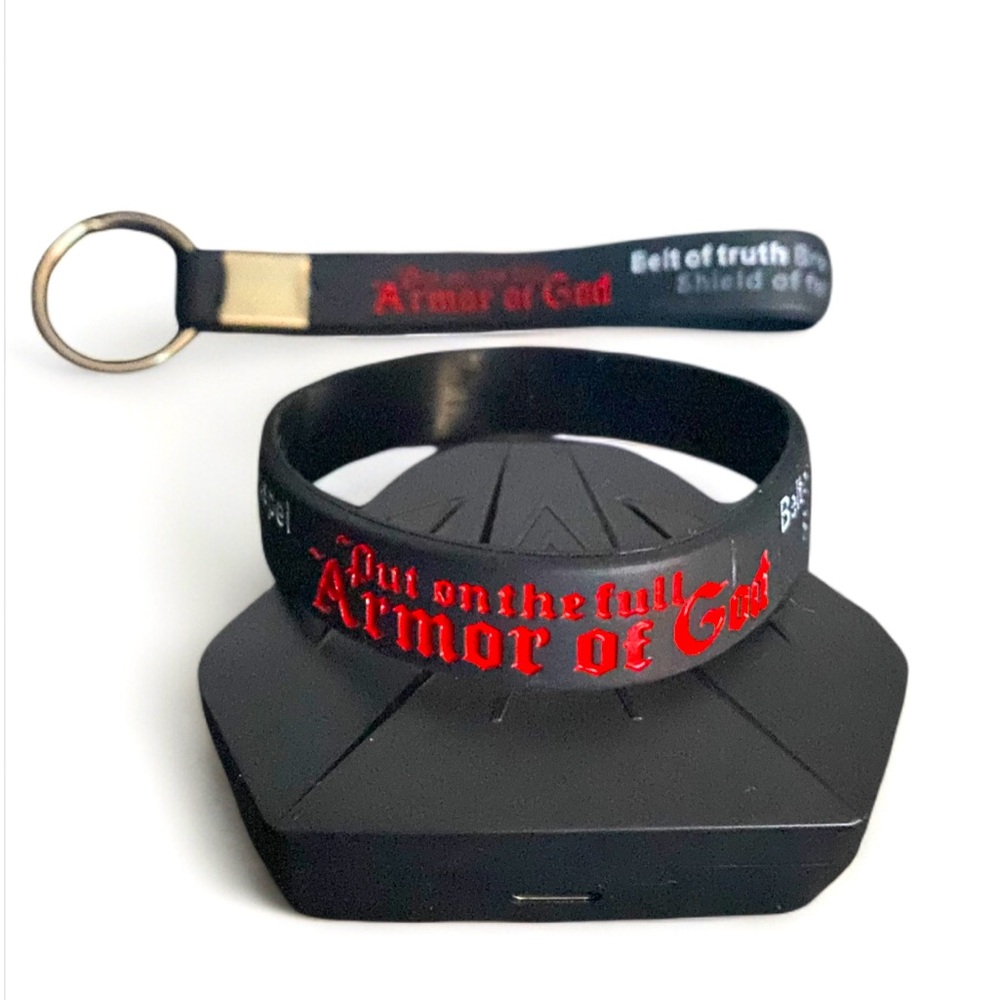 NEW! ARMOR OF GOD BUNDLE - POUCH/KEYCHAIN/WRISTBAND BLK & RED